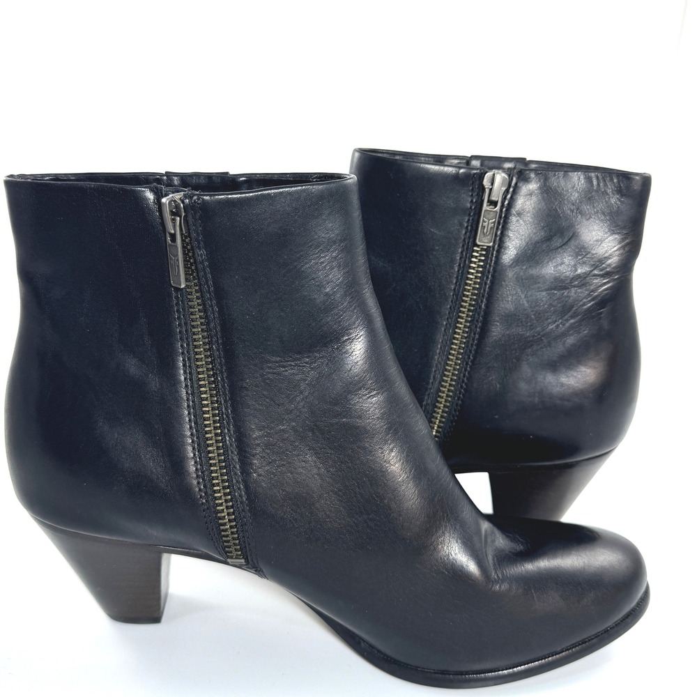 Frye Womens Black Leather Ankle Boots Round Toe Stacked Cone Heel Bootie‎ - Picture 7 of 15